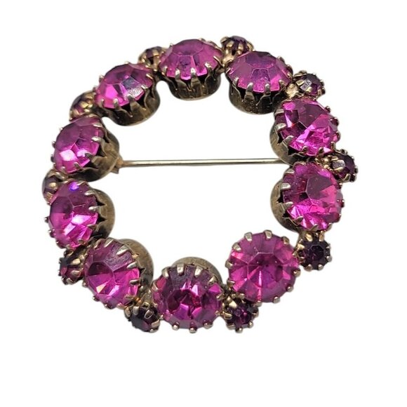 Purple & Pink Rhinestone Brooch Large Prong Set Stones Gold Tone Vintage - Picture 2 of 7